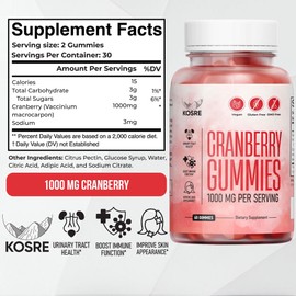 KOSRE Cranberry Gummies 1000mg Cranberry Extract for Urinary Tract Health Supports Bladder, Kidney & UTI Relief Non-GMO, Vegan, & Gluten-Free Cherry Mango Flavor (60 Gummies)
