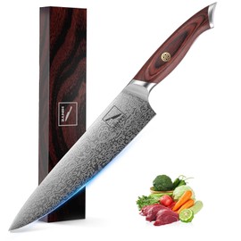 Hinye 8" High Carbon Stainless Steel Kitchen Chef Knife, Redwood Handle, Textured Anti-Stick Blade, Rustproof & Dishwasher Safe, Effortless Chopping, Premium Gift Box