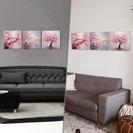 Piy Painting 3Pieces Pretty Cherry Blossom Wall Art For Living Room Pink Floral Flowers Canvas Painting Prints Modern Pictures Artwork for Women Girl's Bedroom Decor Framed Ready To Hang,12×12 inch