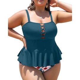 Yonique Plus Size Swimsuits for Women Tummy Control Two Piece Bathing Suits Peplum Tankini Tops High Waisted Swimwear Teal Flower 18plus