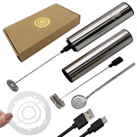 Bright Drink Mixer with Storage Travel Tube Set with Stencil-plate, with Dessert Spoon | Rechargeable USB Handheld Milk Frother | Powerful Electric Milk Foamer Stainless Steel Coffee Stirrer