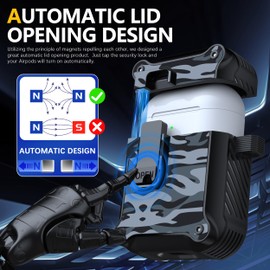 RFUNGUANGO for Airpods 2nd and 1st Generation Protective Cases Automatic Pop-up with Safety Lock Clip, Full Body Shockproof Hard Case with Keychain (Cleaning Tool)-Black Camouflage