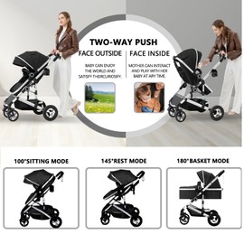 Kinder King 2 in 1 Convertible Baby Stroller, Folding High Landscape Infant Carriage, Newborn Reversible Pram, Adjustable Canopy, Diaper Bag, Anti-Shock Toddler Pushchair Stroller, Black