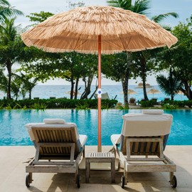 Tangkula 6Ft Thatched Patio Umbrella, Hawaiian Tiki Umbrella with Carrying Bag, Tilt Design, Foldable & Portable Outdoor Market Table Umbrella, Tropical Beach Umbrella for Patio Garden Poolside (Natural)