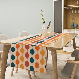 Groovy Retro Table Runner, Mid Century 60s 70s Style Abstract Geometric Stripes Navy Blue Orange Red Print Coffee Table Runner for Farmhouse Table Party 13x70 Inch