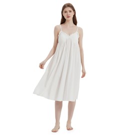 VALITY Women's Nightgown Sleeveless Cotton Sleep Dress Lace Spaghetti Strap Sleepshirts Victorian Sleepwear, White, Tagsize L=USsize M