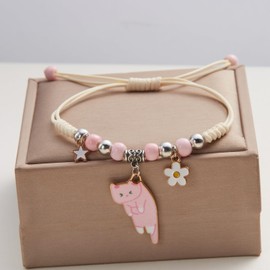Fuqimanman2020 Cute Cat Bracelet Kawaii Kitten String Rope Chain Braided Bracelet with Flower - Adjustable Cat Lover Jewelry - Pink