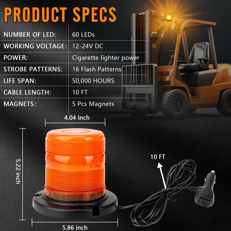 Amber Beacon Strobe Lights, 12-24V 16 Flashing Modes 60 LED