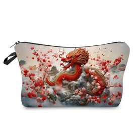Livel lhood Floral Chinese Dragon Makeup Bag Cute Small Makeup Organizer Bag Travel Toiletry Zipper Pouch Dragon Gifts Chinese Red Dragon Cosmetic Bag for Women Girls Friends