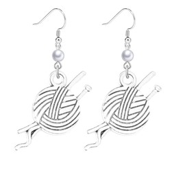 Dreuyet Yarn Knitting Pearl Earrings for Women Unique Silver Sewing Knitting Themed Needles and Yarn Ball Charm Crochet Earrings for Knitter Sewing Lovers Jewelry Gift (Wool Ball Earrings)