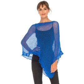SHU-SHI Womens Sheer Poncho Shrug Lightweight Knit Ruffle Sweater Top Blue