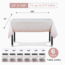 Rose Gold Confetti 6 Pack Premium Disposable Plastic Tablecloth 54 x 108 Inch - Rose Gold Dot Plastic Table Cloths for Parties Disposable Tablecloth for Rectangle Tables - Rectangle Tablecloth