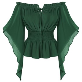 Renaissance Costume Women Peasant Fairy Off Shoulder Blouse Tops Green XXL
