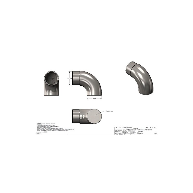 Stainless Steel Round Wall Return End Connects 2" OD Tube/Pipe