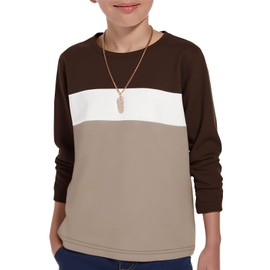 Haloumoning Boys Long Sleeve Shirts Kids Fashion Fall Tops Crewneck Color Block Tees 5-14Y Dark Brown