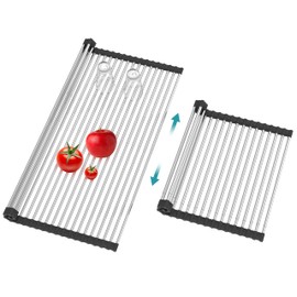 BBXTYLY Extra Large Expandable Roll Up Dish Drying Rack,Over The Sink Drying Rack Sink Cover Kitchen Sink Accessories Kitchen Rolling up Stainless Steel Drainer, Foldable,Rollable（Black，22.8''-17''）