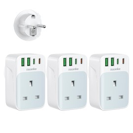 3 Pack European Plug Adapter, UK to European Plug Adaptor with PD 35W Fast Charging USB C Port and 2 USB A Ports European Plug Travel Adapter for Germany/France/Spain/Portugal/Poland(Type E/F)