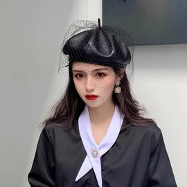 aoozleny Women Beret Hats with Veil, Casual Baker Boy Captain Hat for Wedding Party Church (Black)