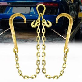 FITHOIST Grade 80 Chain V-Bridle | 3/8In x 2Ft Towing Chains Bridle with J Hooks and Grab Hooks | Transport Chain with 7,100LBS Safe Working Load | for Flatbed Truck Rollback Wrecker Carrier