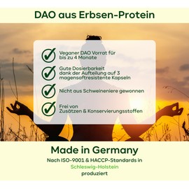 120 vegane DAO Kapseln - 1.000.000 HDU pro Tag (1-3 Kapseln = optimale Dosierbarkeit) - DAO Enzym aus Erbsen-Protein - NICHT aus Schweineniere - DAO VEGAN bei Histamin-Intoleranz von plantomol®