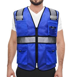 HYCOPROT High Visibility Mesh Reflective Safety Vests with Pockets and Zipper, Meets ANSI/ISEA Standards (Blue, Large)