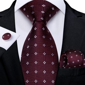 DiBanGu Burgundy Plaid Tie for Men Pocket Square Cufflinks Set Wedding Party