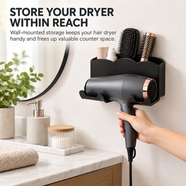Wall-Mounted Hair Dryer Holder for Bathroom Storage – No-Drill Organizer with Accessory Compartments for Daily Styling
