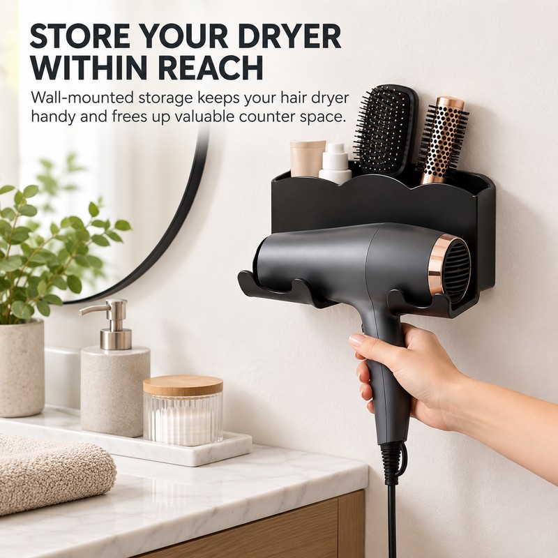 Wall-Mounted Hair Dryer Holder for Bathroom Storage – No-Drill Organizer