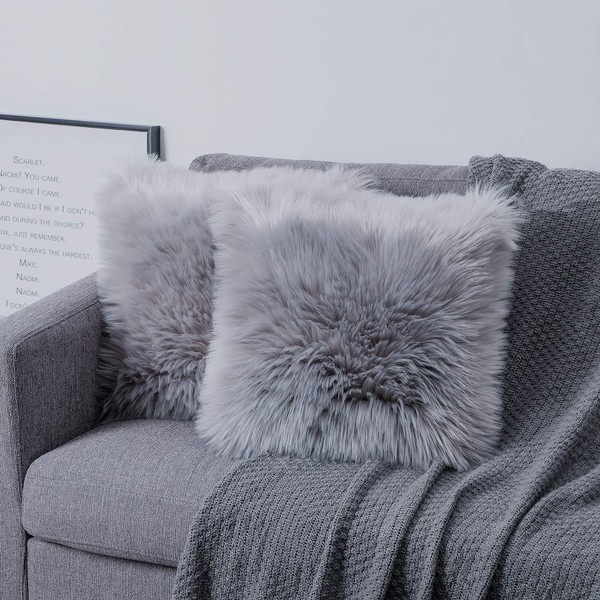 OYIMUA Grey 16'' x 16'' Fluffy Soft Faux Fur Cushion