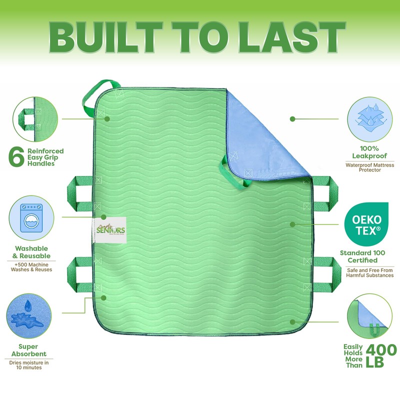 Absorbent Positioning Bed Pads for Elderly with Handles 34"x36"- Washable