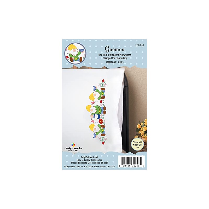 Tobin Gnomes Stamped for Embroidery Pillowcases, White