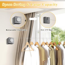 Retractable Clothesline Indoor, Non-Sagging Outdoor Clothes Line retracting,15.4 Ft Heavy-Duty Clothes Drying Laundry Line,Wall Mounted Stainless Steel Line （Gray）