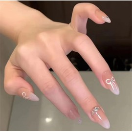 POKENGDA Prsess on Nails Long-Fake Nails Almond Press-On Nails,Glossy Nail Designs Nude False Nails Gradients Acrylic Nails Shimmery Nail Art for Women
