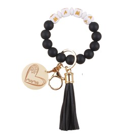 Mother'day Gift Keychain Wristlet,Wooden Mama Tag Silicone Letter Beaded Wrist Bracelet Tassel Bangle Keyring Gift to Mom (Black)