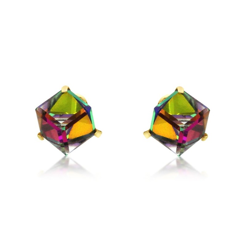 14K Yellow Gold Multi Color Crystal Cube Stud Earrings Screwback