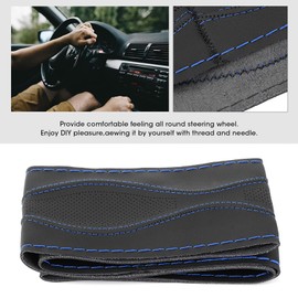 Leather Steering Wheel Cover, 38 cm, 15 Inch, DIY Leather Steering Wheel Cover, Hand Stitching Embossing with Needle and Thread for Universal (Black Blue)