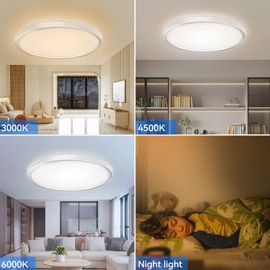 Peasur Flush Mount Ceiling Light Fixtures Dimmable, 11.6Inch 24W 3200LM LED Ceiling Light with Remote Control, 3000K/4500K/6000K 3 Color Temperatures Selectable for Kitchen Bedroom Dining Room-White