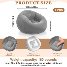 Realspring 6 Pcs Bean Bag Chairs for Adults Inflatable Chairs with Electric Air Pump,Blow up Couch Folding Portable Inflatable Couch Lazy Sofa for Reading Living Room Camping (Gray)