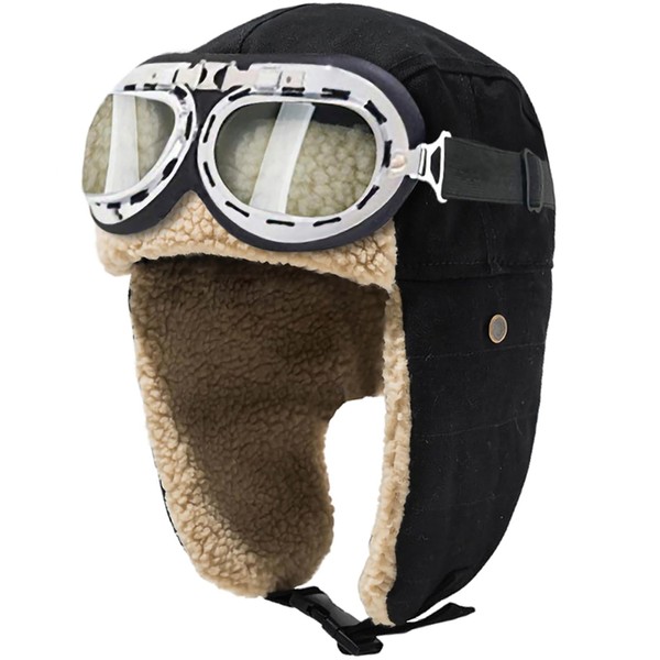 Peicees Vintage Aviator Hat and Goggles Costume Accessories Winter Snowboard Fur Ear Flaps Trooper Trapper Pilot Cap Motorcycle Goggles for Men Women Kids Youth