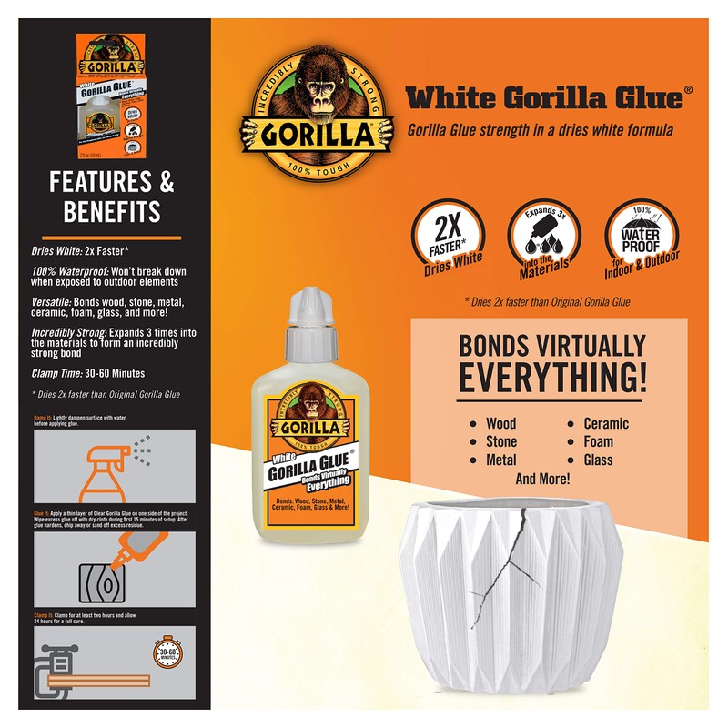 Gorilla White Waterproof Polyurethane Glue, 2 ounce Bottle, White, (Pack