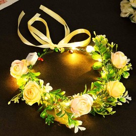Jovono Light Up Flower Wreath Headband LED Floral Bride Wedding Headbands Crown Fairy Garland Headdress for Women (Warm, Free Size)