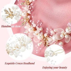 YIQXKOUY 3 Pieces Flower Girl Headpiece Hair Accessories Gold Wedding Headband for Girls White Flower Pearl Headband for Birthday Wedding Party for Girls and Women