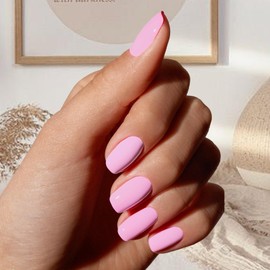 Wugbc 24PCS Pink Press On Nails Set, Short Square Fake Nails Acrylic Kit, Summer Nails Salon Natural Colored Gel Glue, Holographic Glow Static Nail Art for Women Girl Daily Wear