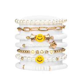 Abitoncc Preppy Heishi Surfer Bracelets Set for Teens, Preppy Colorful White Gold Clay Bead Stackable Stretch Bracelets Pack，Y2K Jewelry Lightning Bolt Heart Star Preppy Accessories (White A)