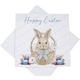 Happy Easter Card, Blue Easter Bunny Rabbit Basket Card