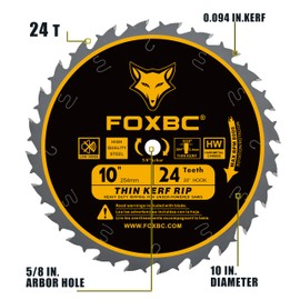FOXBC 10-Inch Thin Kerf Ripping Table Saw Blade for Wood Cutting, 24-Tooth FTG, 5/8-Inch Arbor