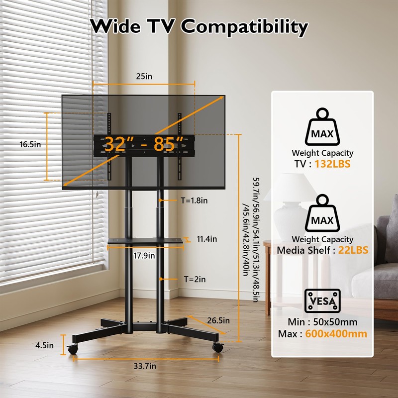BONTEC Mobile TV Stand with Tilt Function, Rolling TV Cart