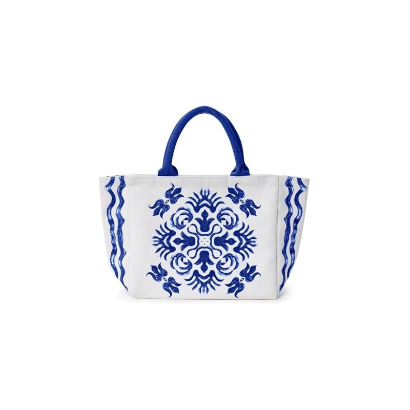 Two's Company Blue Tile Block Printed Thermal Lunch Tote Bag