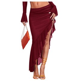 Verdusa Women's Asymmetrical High Slit Mesh Long Skirts Ruffle Hem Ruched Flowy Bodycon Skirt Burgundy Medium