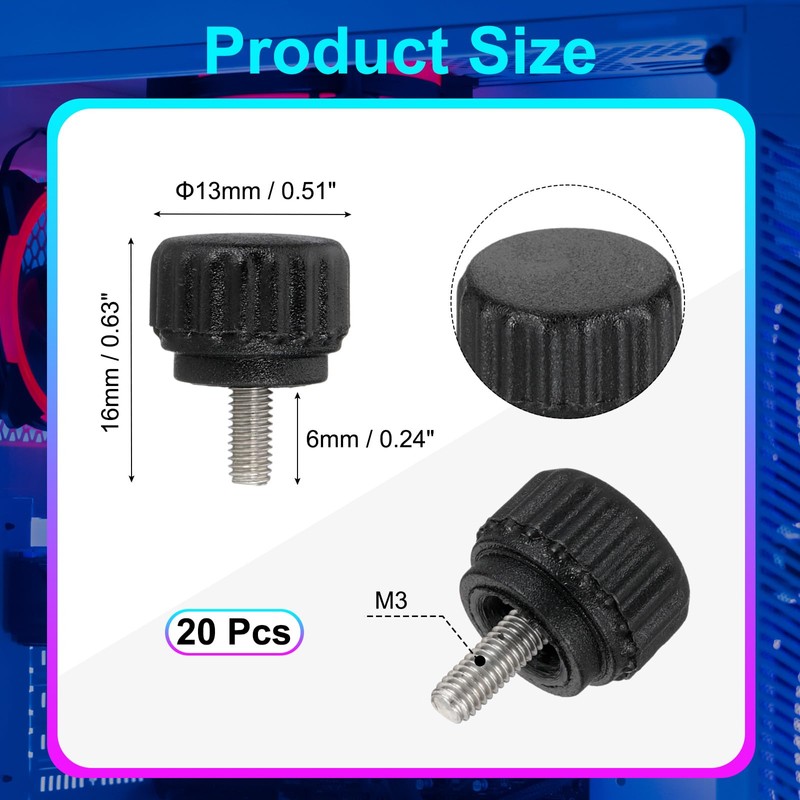 sourcing map 20 Pcs Threaded Knurled Thumbscrew, M3 x 6mm
